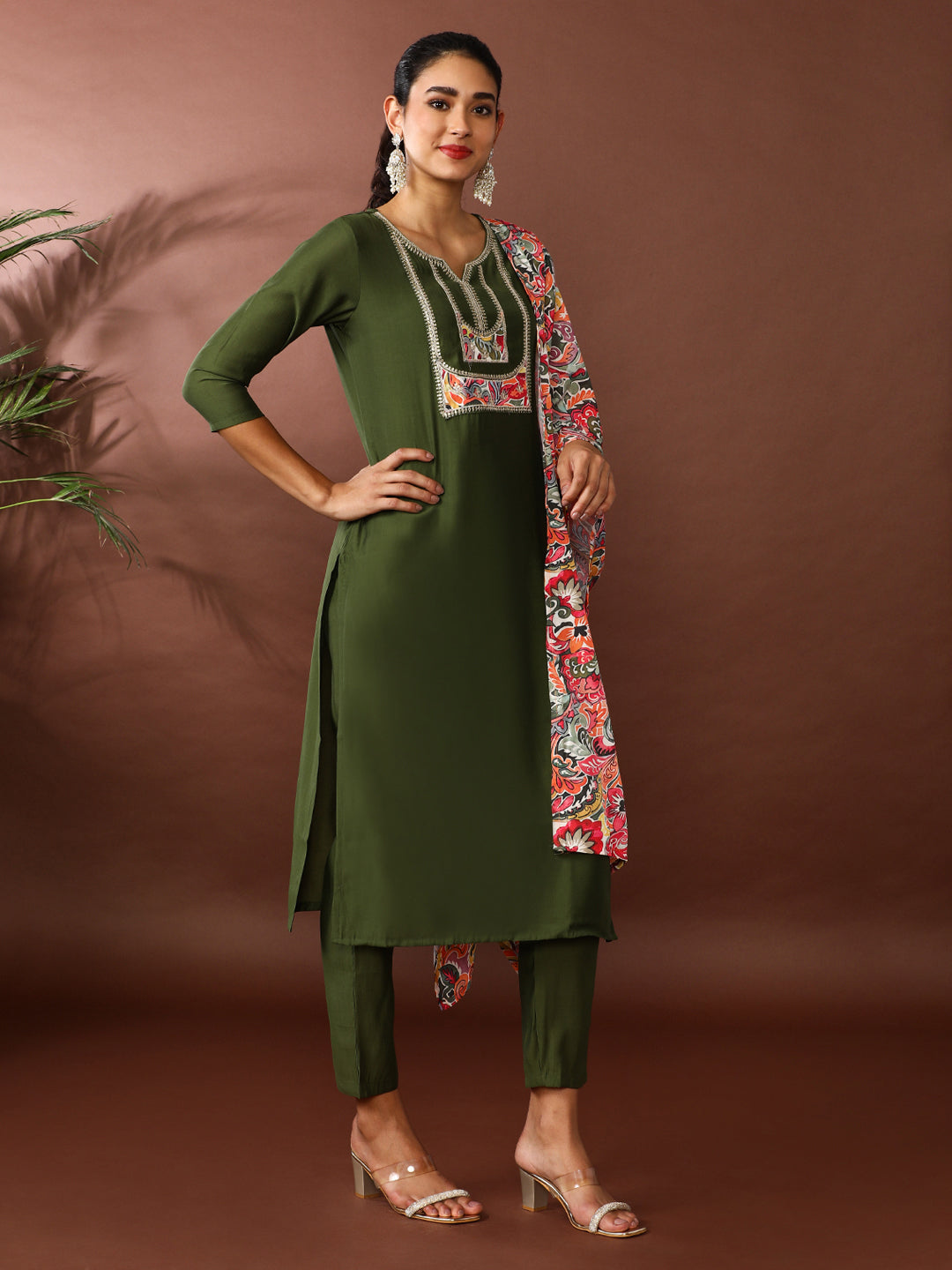 Solid Embroidered Chanderi Cotton Kurta & Trousers Sets