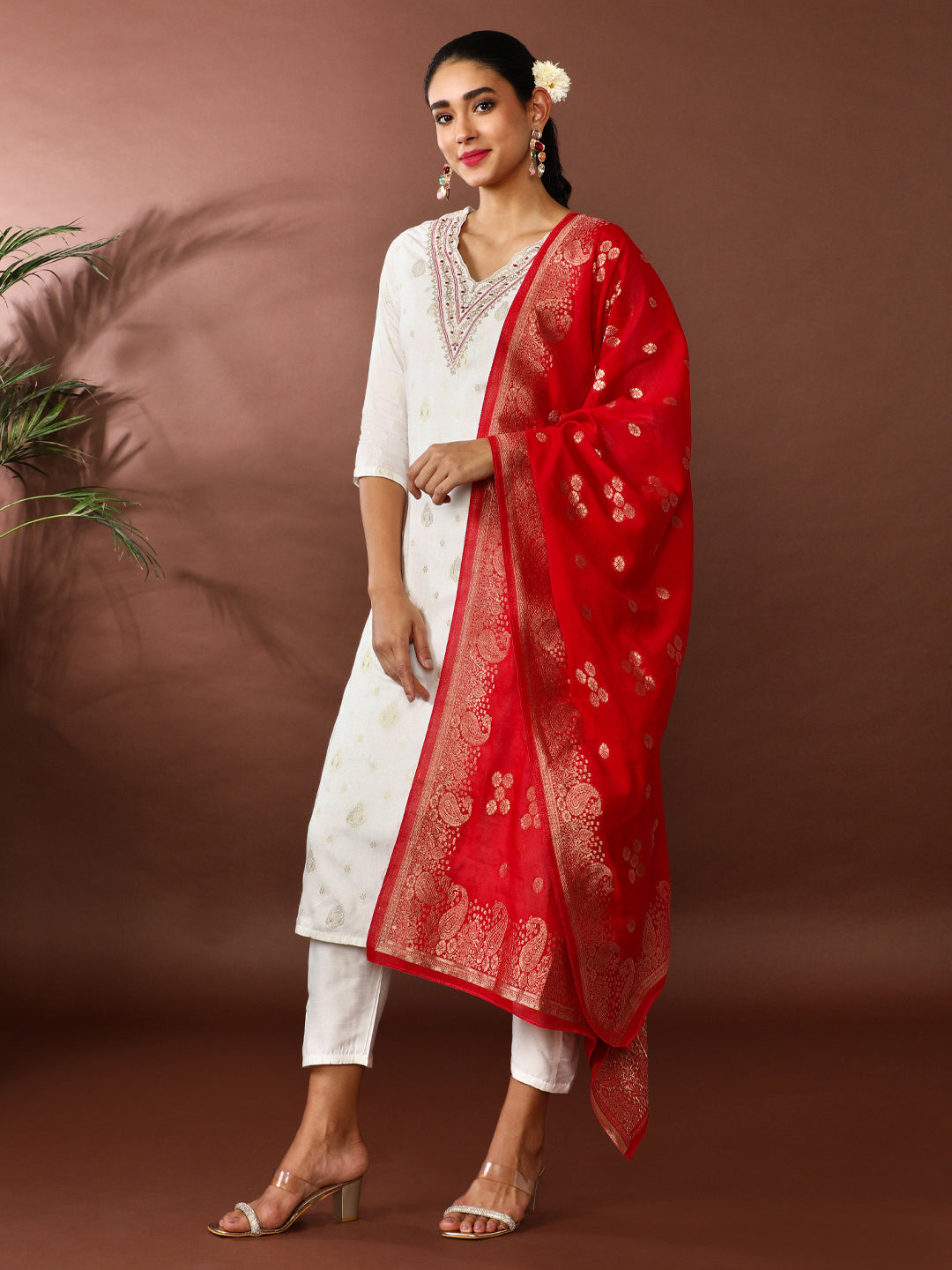 Floral Embroidered Cotton Blend Kurta & Trousers Sets
