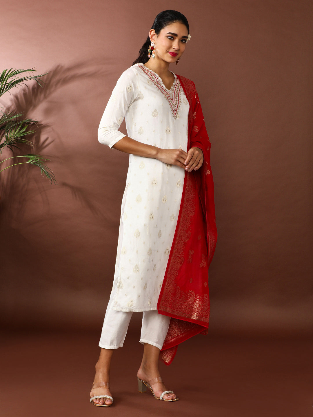 Floral Embroidered Cotton Blend Kurta & Trousers Sets