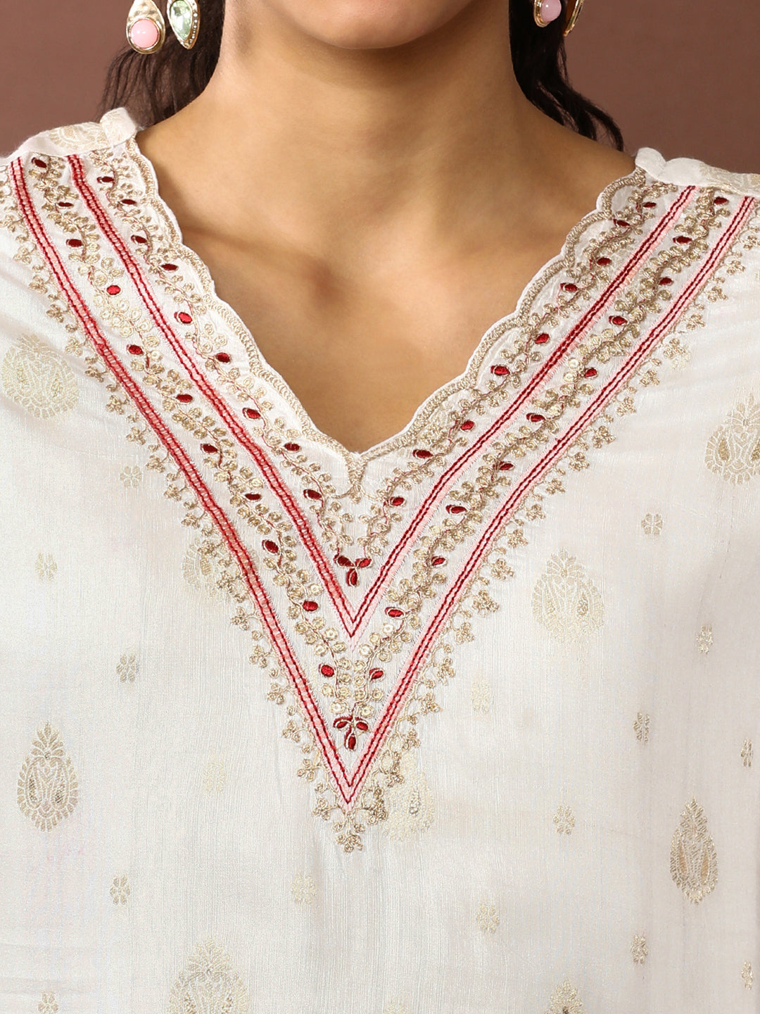 Floral Embroidered Cotton Blend Kurta & Trousers Sets