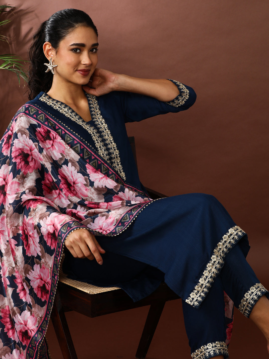 Solid Embroidered Kurta & Trousers Sets