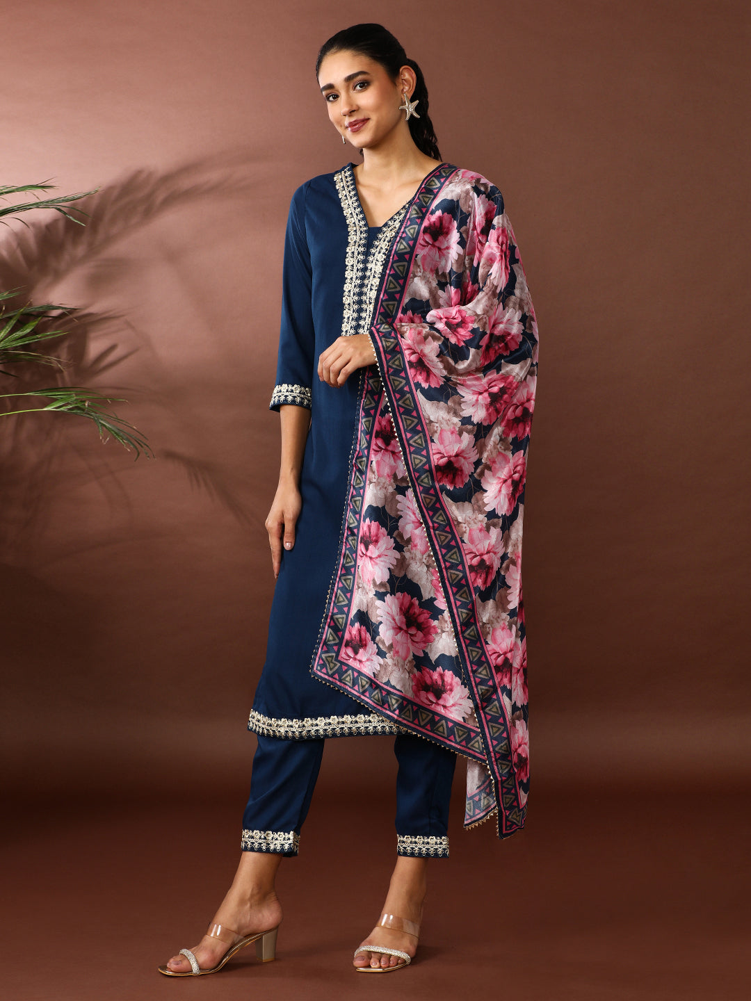 Solid Embroidered Kurta & Trousers Sets