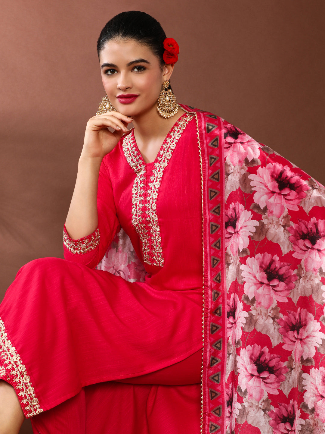 Solid Embroidered Kurta & Trousers Sets