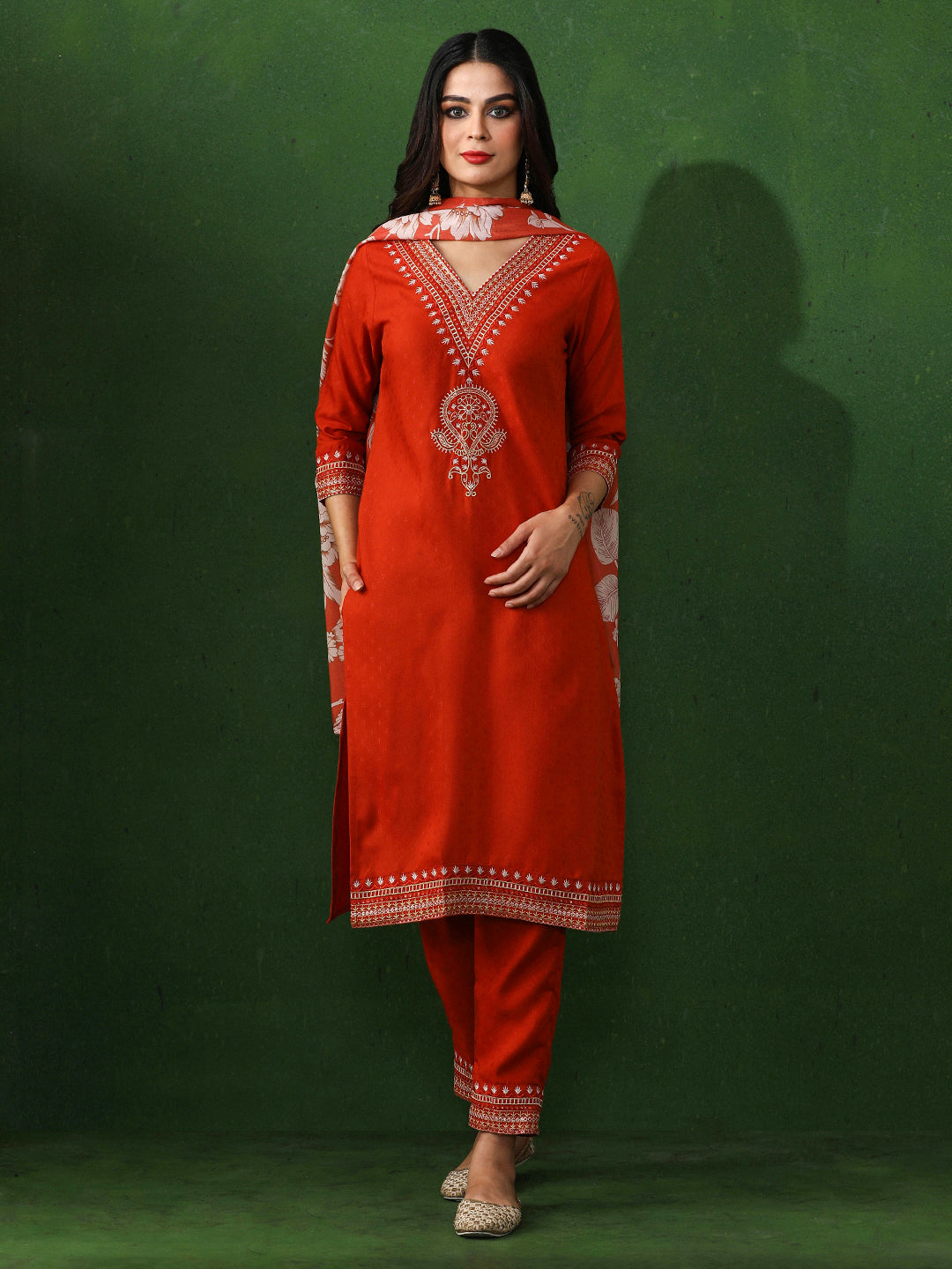 Floral Embroidered Straight Kurta & Trousers Sets