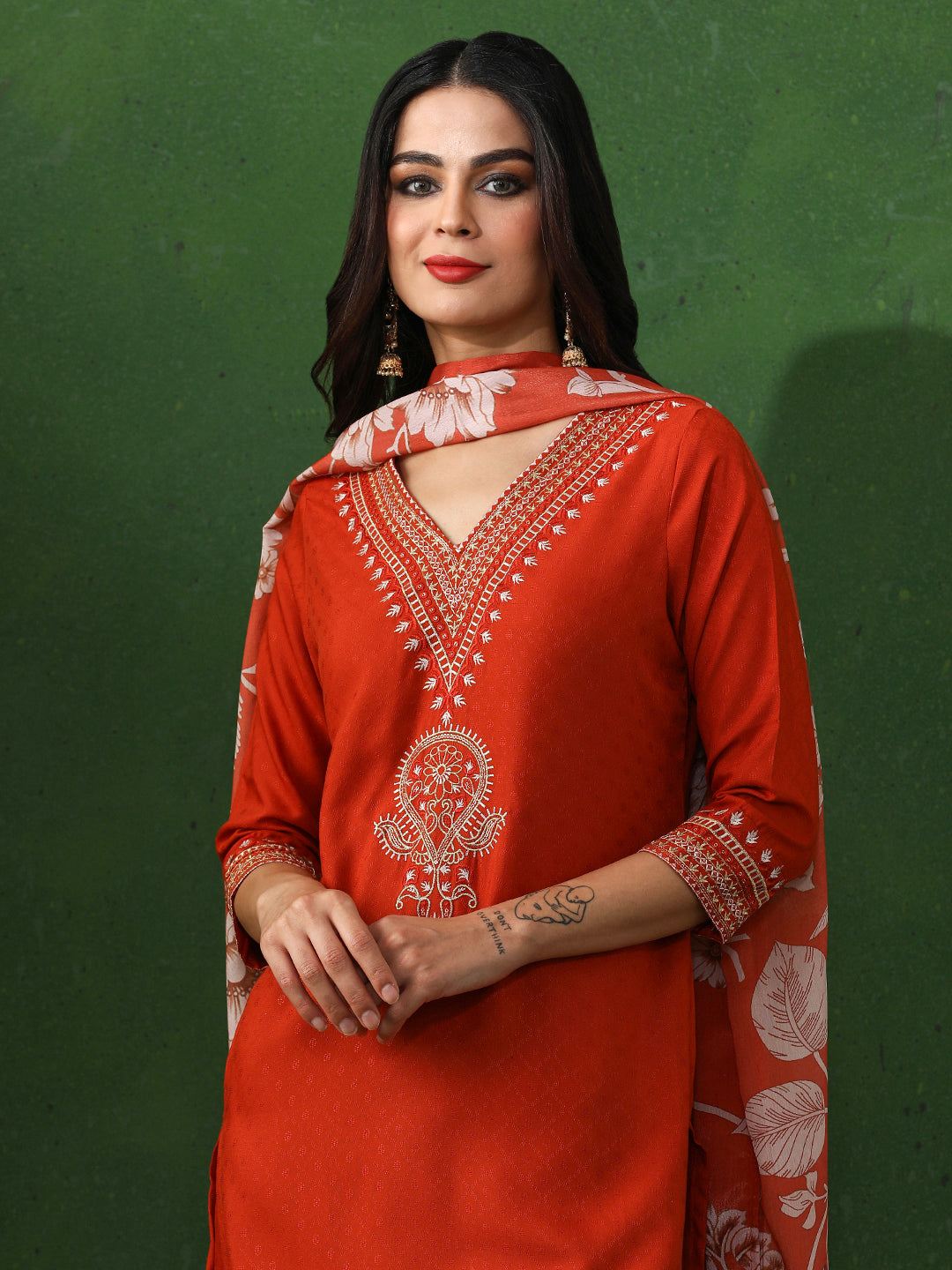 Floral Embroidered Straight Kurta & Trousers Sets