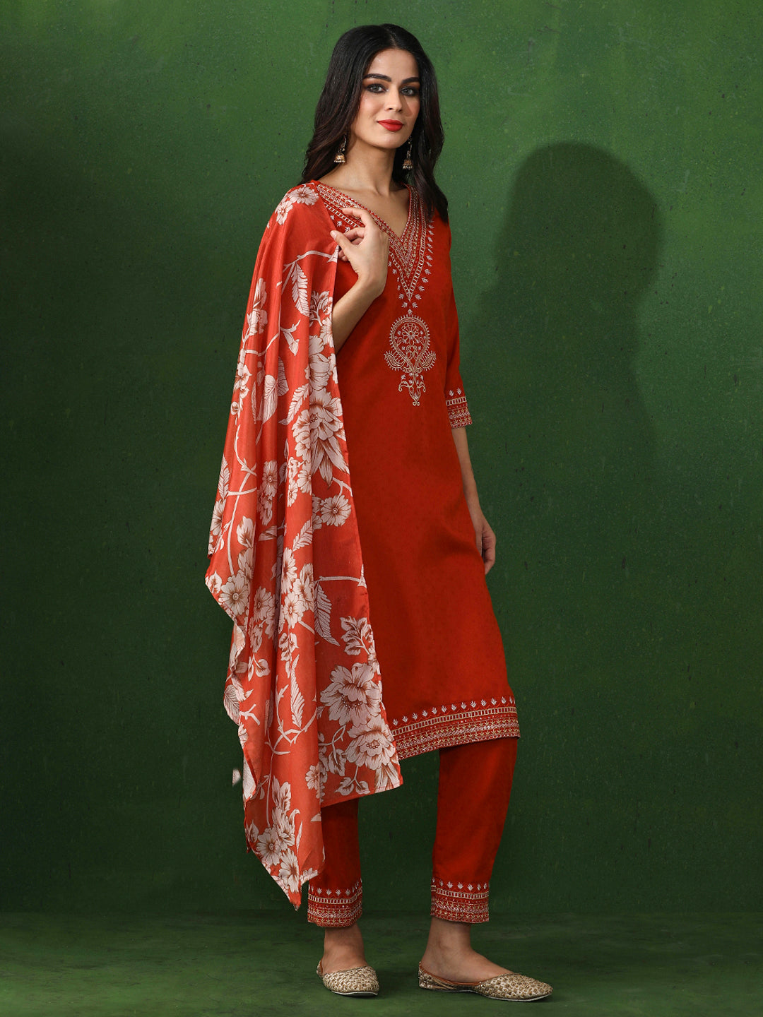 Floral Embroidered Straight Kurta & Trousers Sets