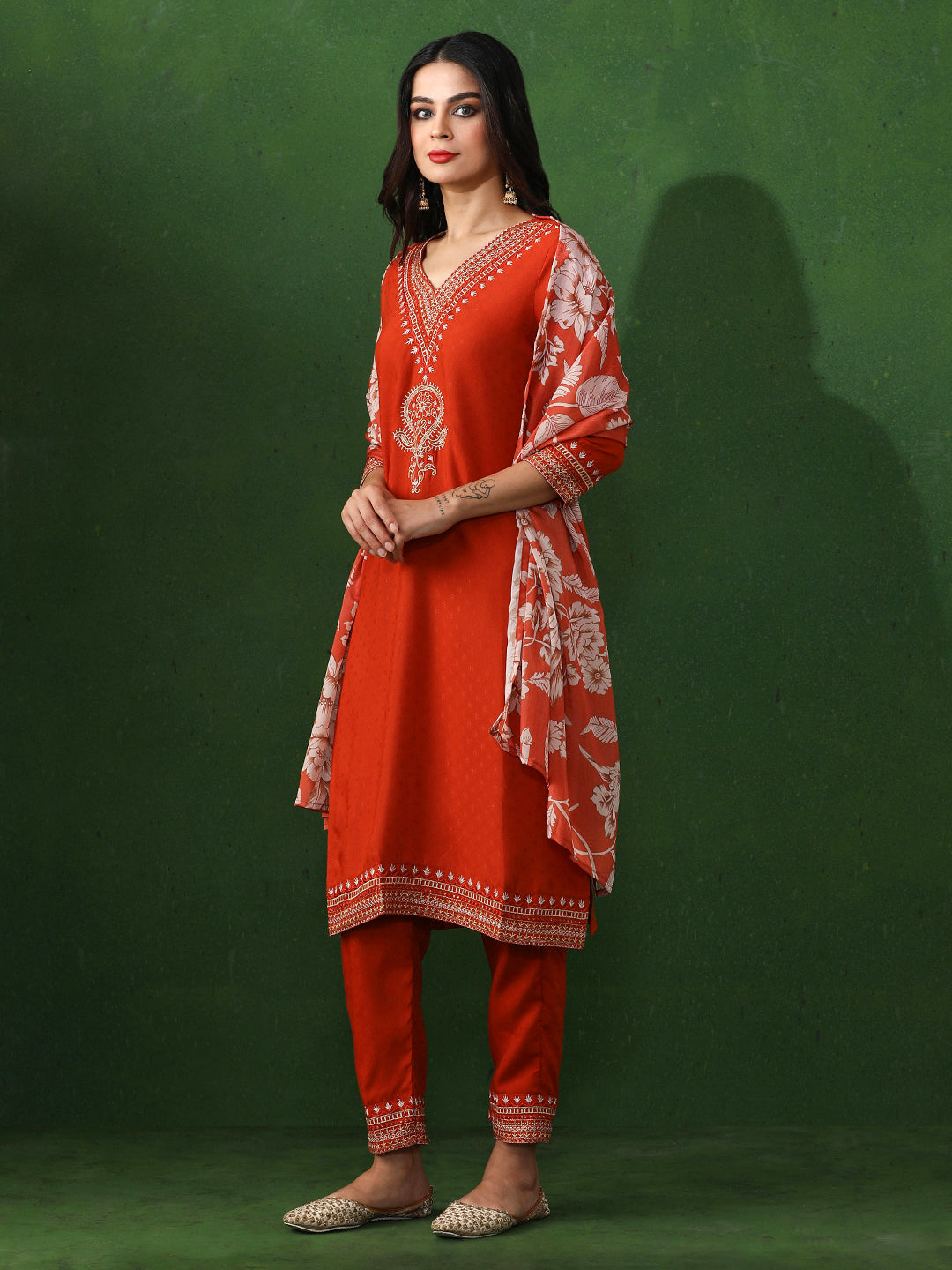 Floral Embroidered Straight Kurta & Trousers Sets