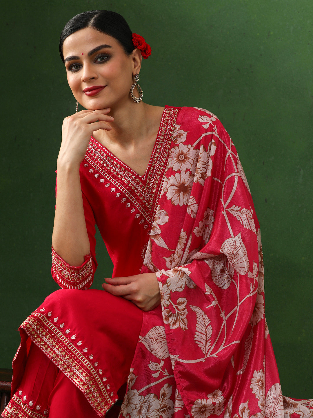 Floral Embroidered Straight Kurta & Trousers Sets