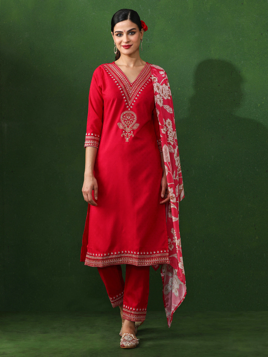 Floral Embroidered Straight Kurta & Trousers Sets