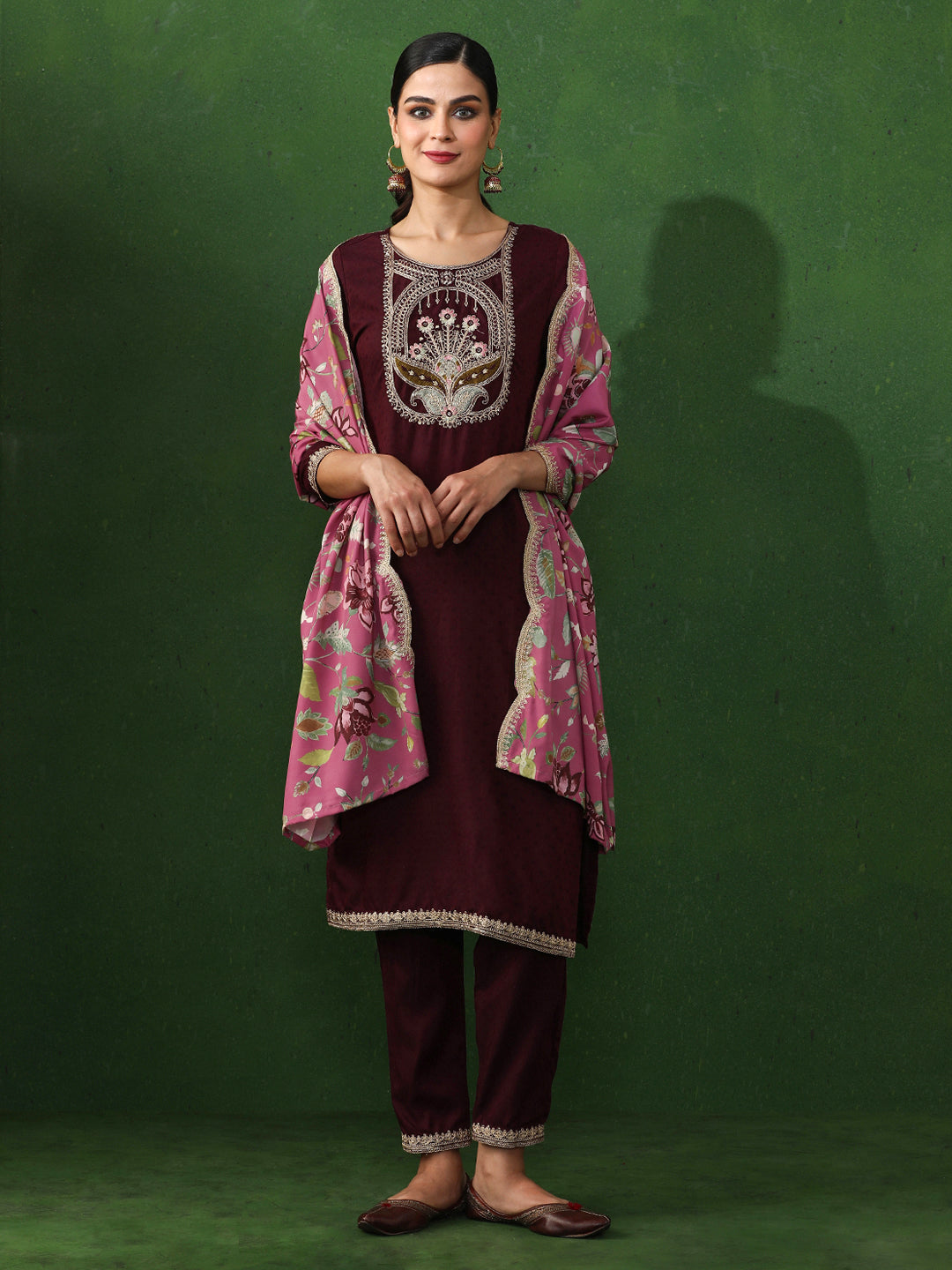 Floral Embroidered Straight Kurta & Trousers Sets