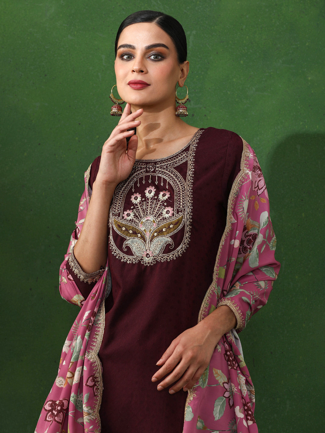 Floral Embroidered Straight Kurta & Trousers Sets