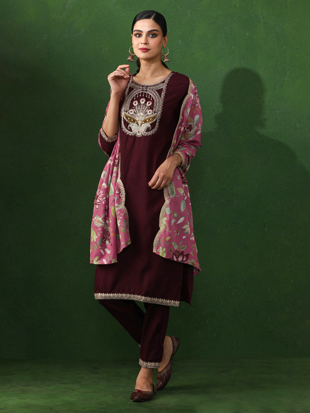 Floral Embroidered Straight Kurta & Trousers Sets
