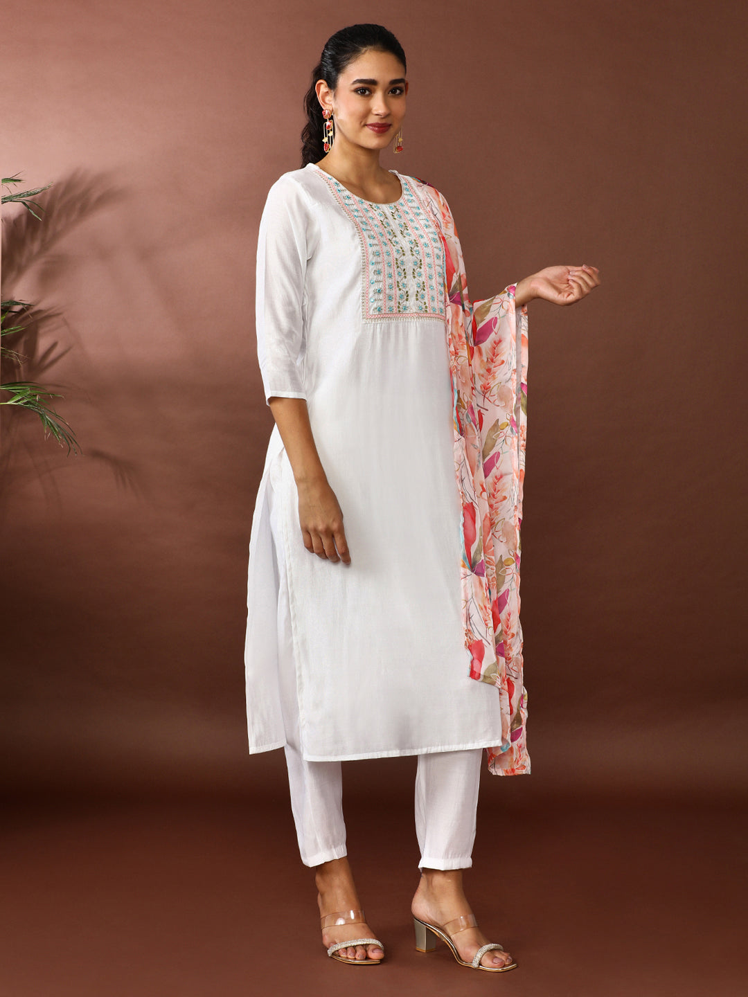 Solid Embroidered Chanderi Cotton Kurta & Trousers Sets