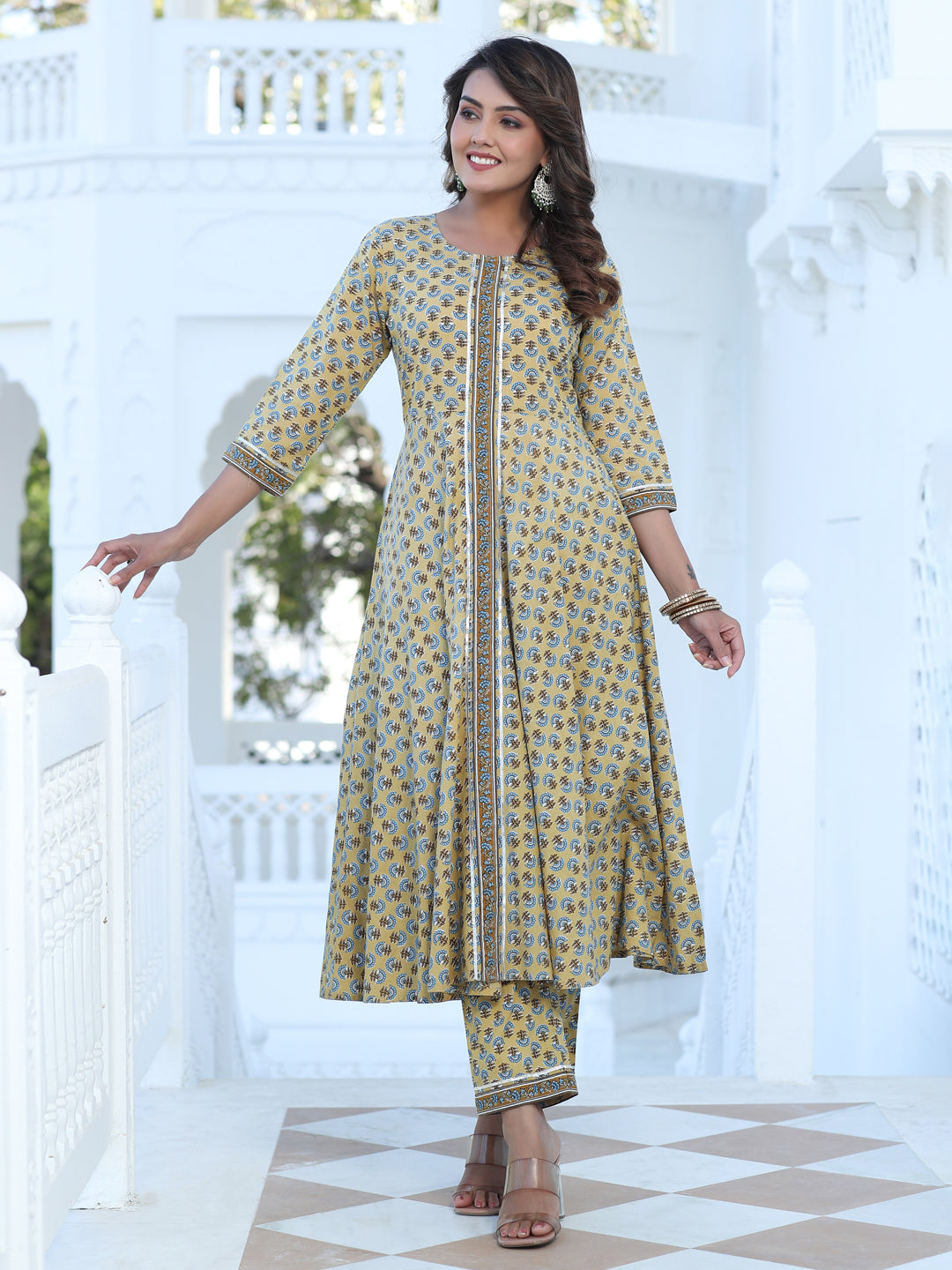 Yellow Ethnic Print Circular Kurta With Printed Pant