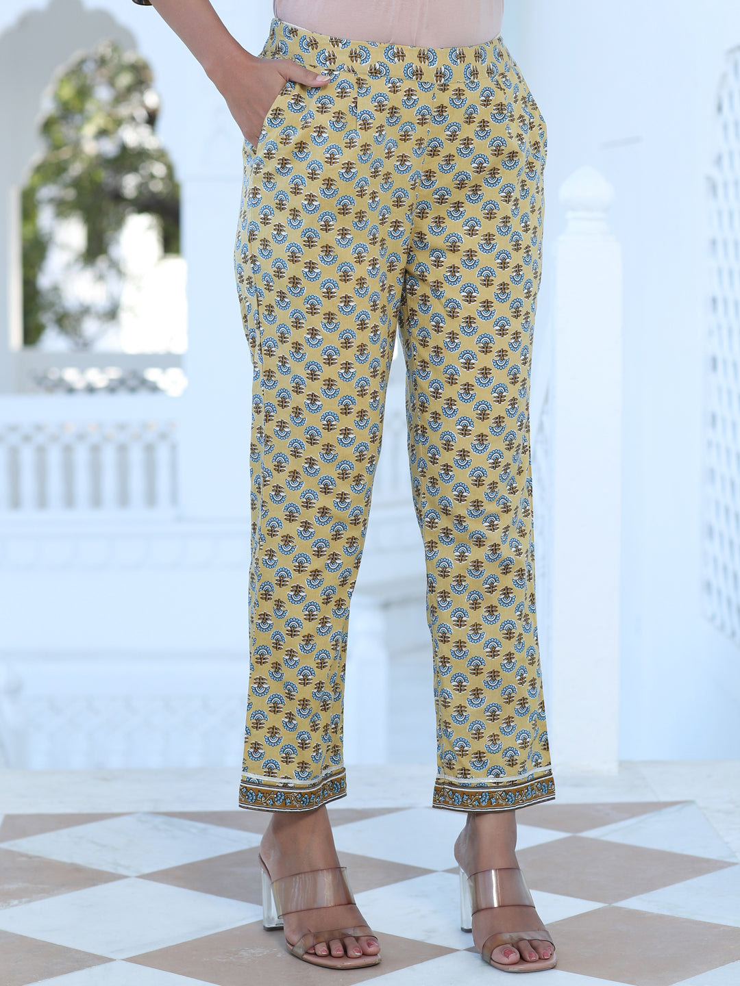 Yellow Ethnic Print Circular Kurta With Printed Pant