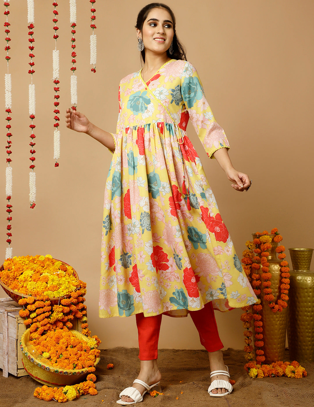 Yellow Floral Printed Gathered Angrakha Kurta