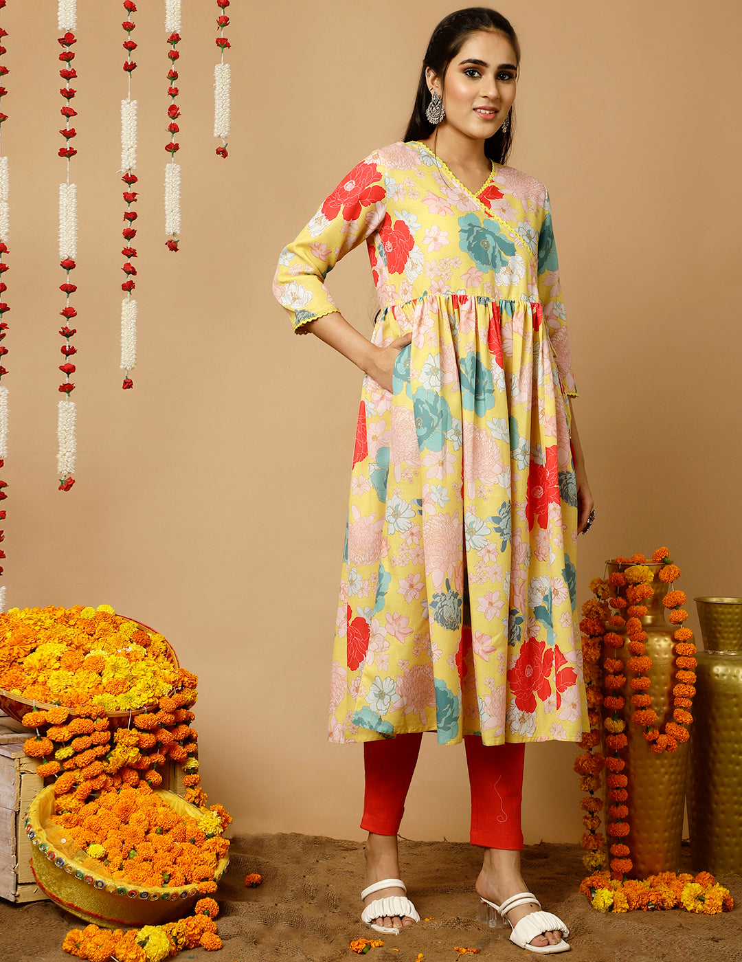 Yellow Floral Printed Gathered Angrakha Kurta