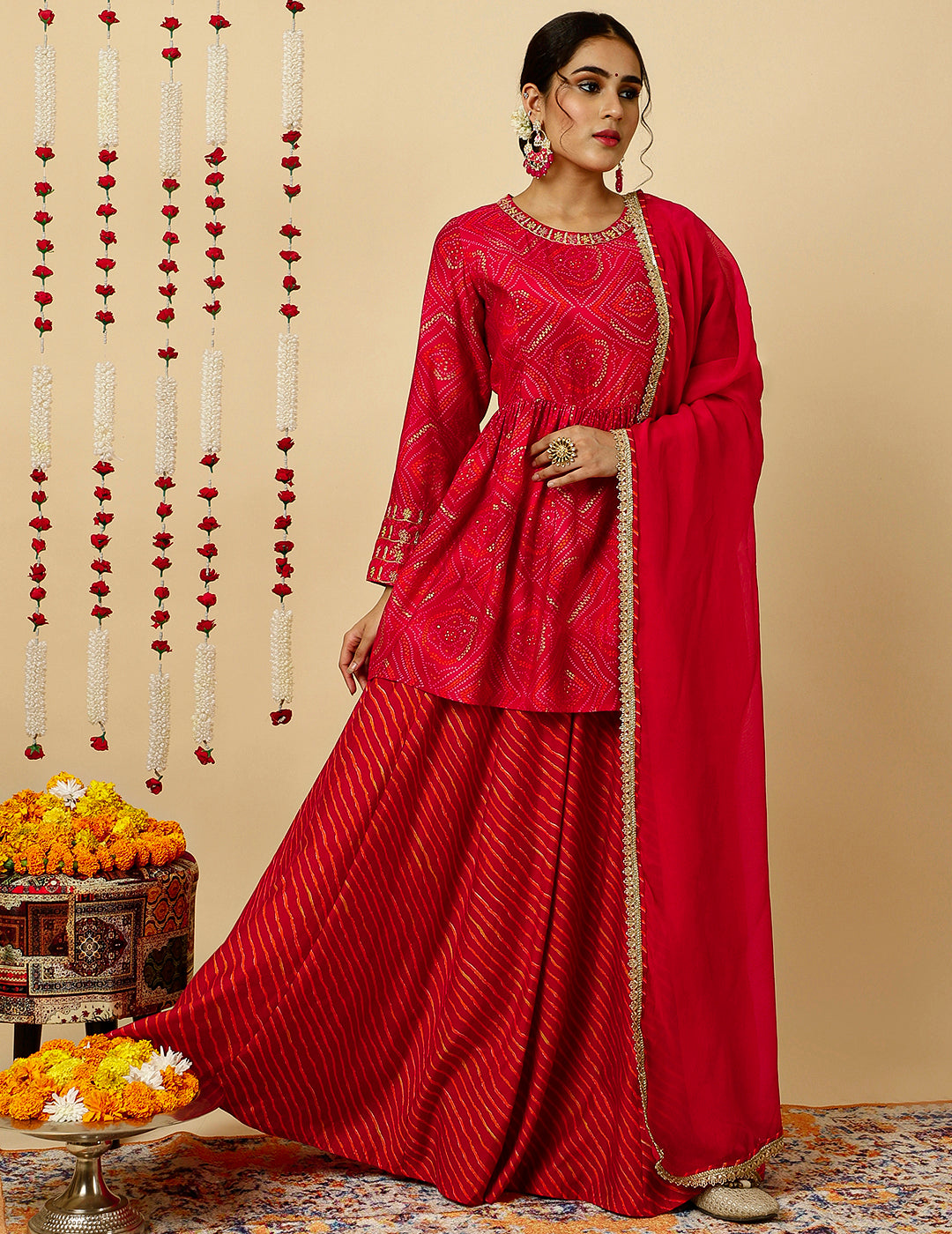 Fuchsia Embroidered Bandhani Gathered Kurta With Leheriya Skirt And Dupatta