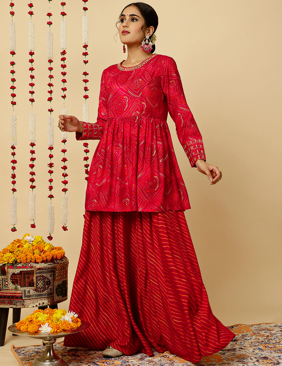 Fuchsia Embroidered Bandhani Gathered Kurta With Leheriya Skirt And Dupatta