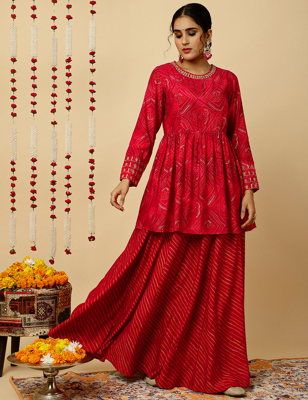 Fuchsia Embroidered Bandhani Gathered Kurta With Leheriya Skirt And Dupatta