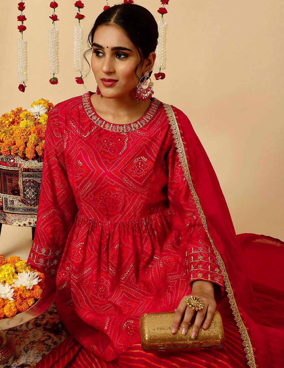 Fuchsia Embroidered Bandhani Gathered Kurta With Leheriya Skirt And Dupatta