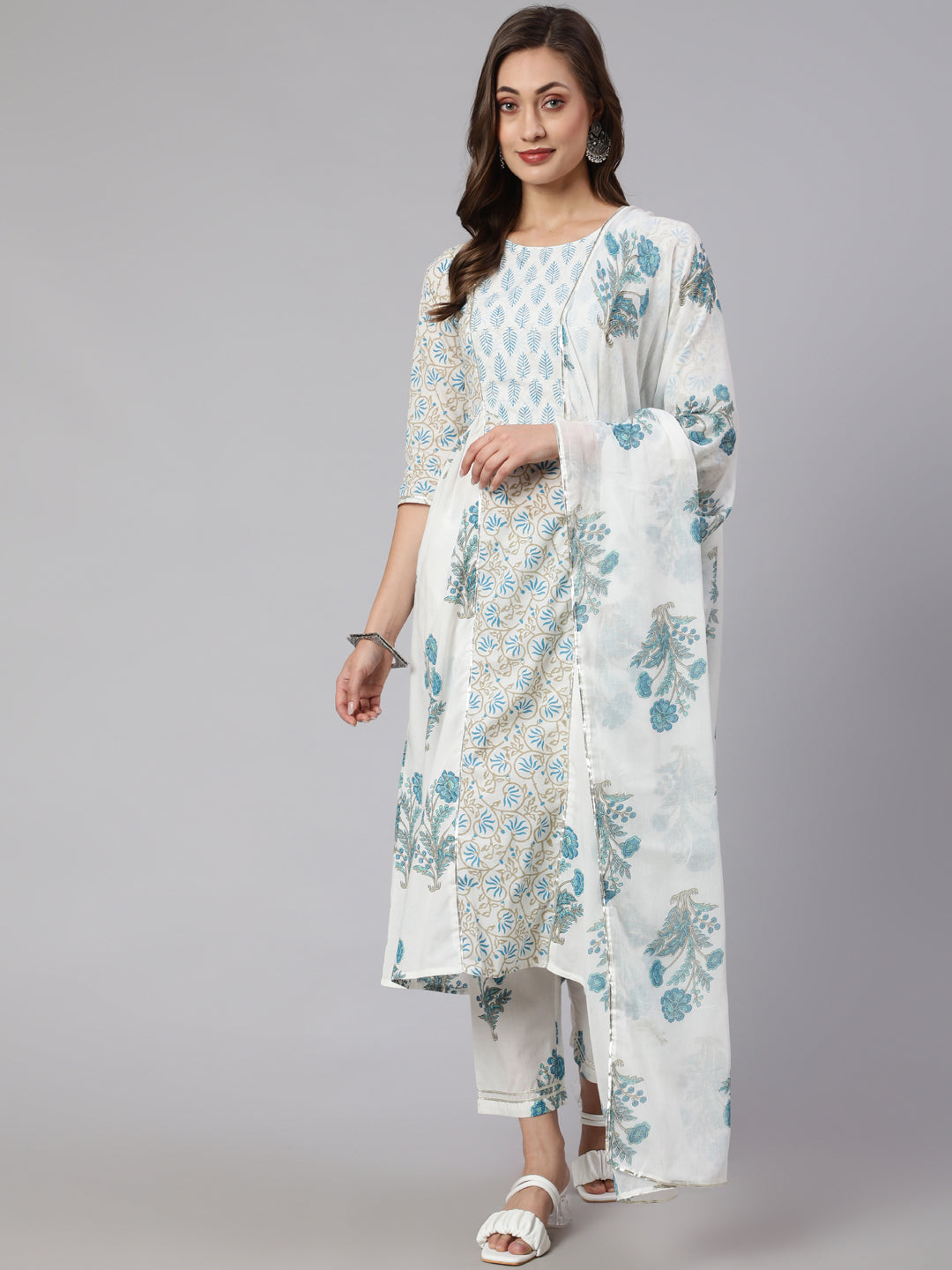 White & Turquoise Blue Ethnic Printed Flared Kurta With Pants & Dupatta