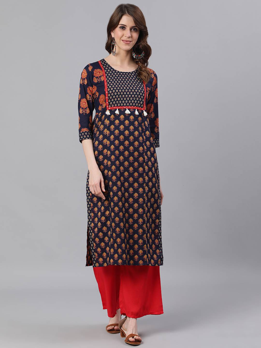 Navy Blue Ethnic Print Straight Cotton Kurtas