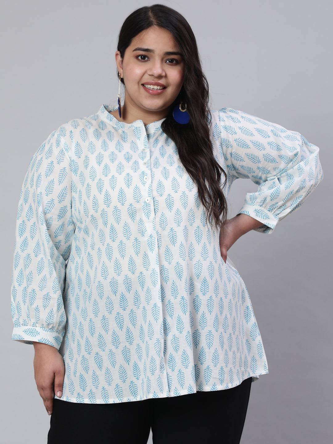 White And Turquoise Blue Plus Size Printed Pleated Top
