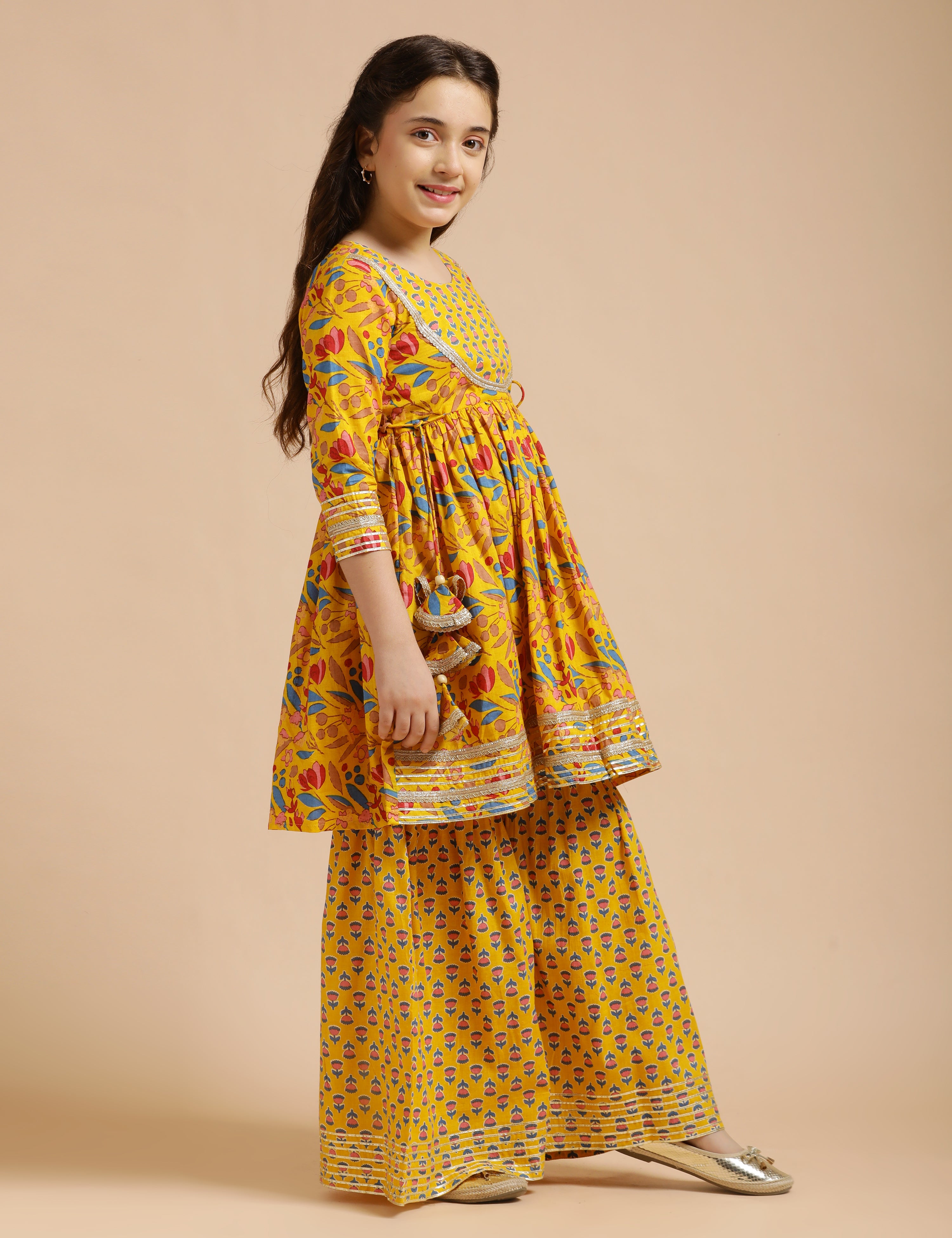 Girls Pure Cotton Floral Embroidered Anarkali Kurta With Sharara