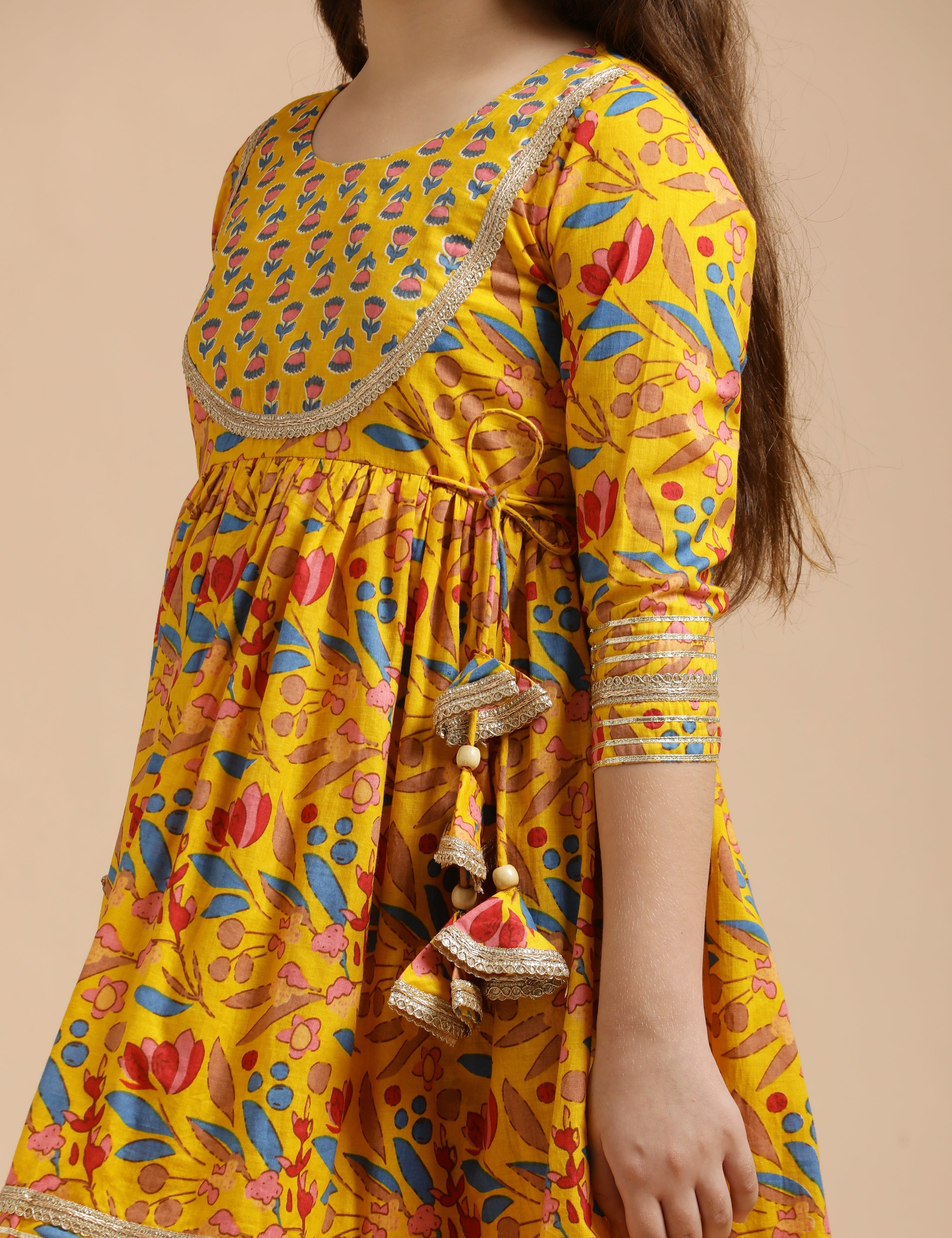 Girls Pure Cotton Floral Embroidered Anarkali Kurta With Sharara