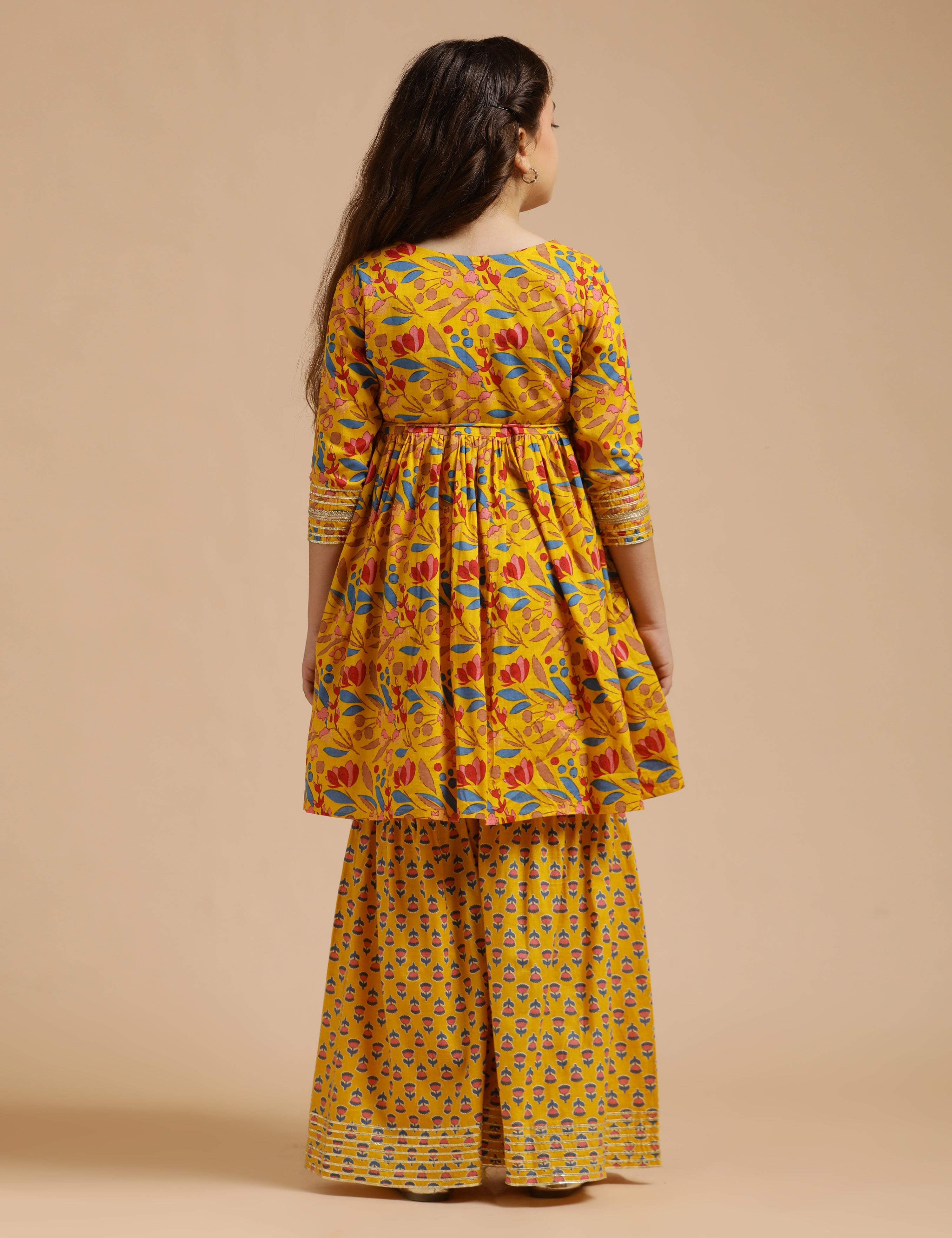 Girls Pure Cotton Floral Embroidered Anarkali Kurta With Sharara