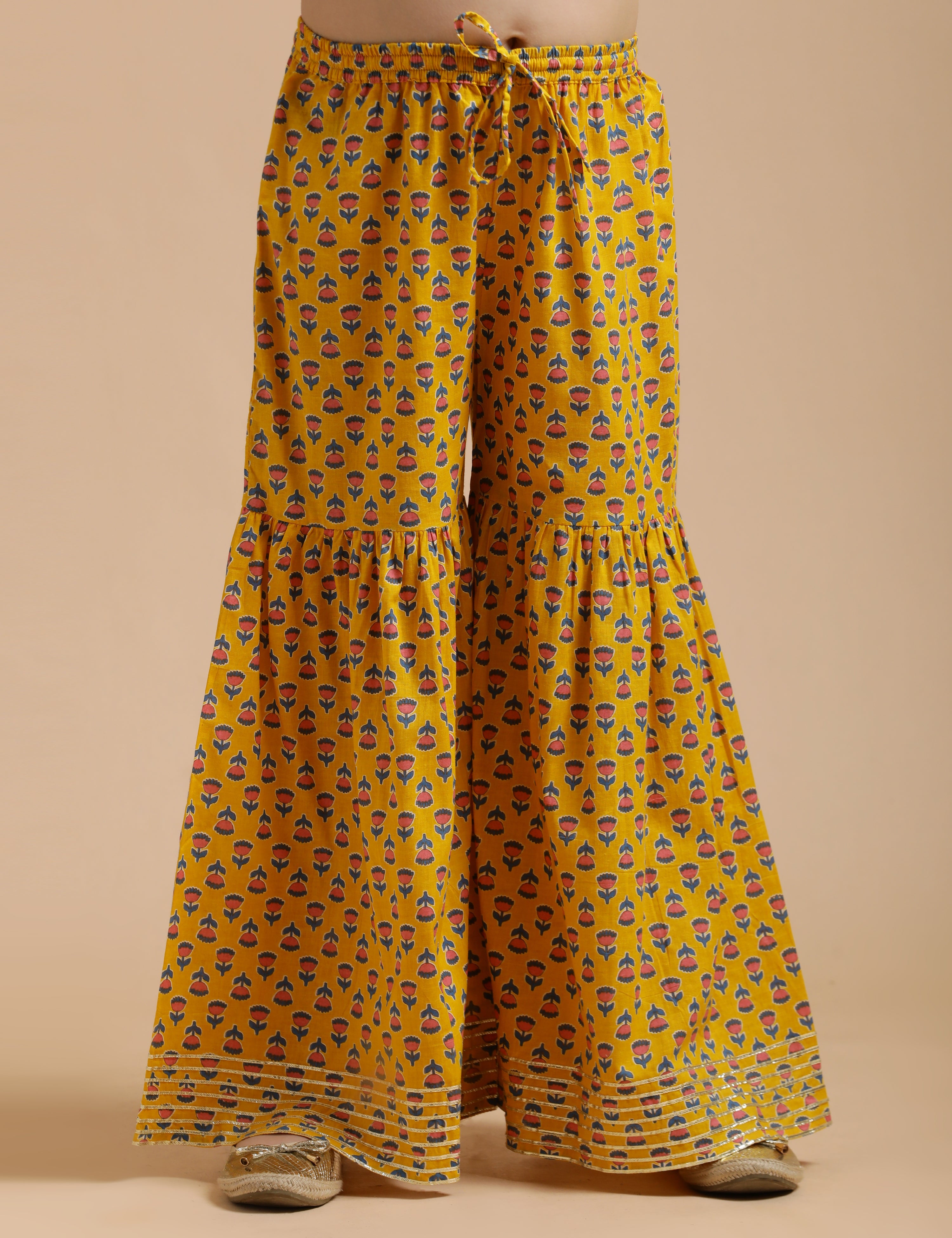 Girls Pure Cotton Floral Embroidered Anarkali Kurta With Sharara