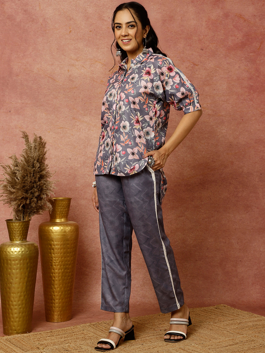 Lavender Floral Print Shirt With Pants Co-ord Sets