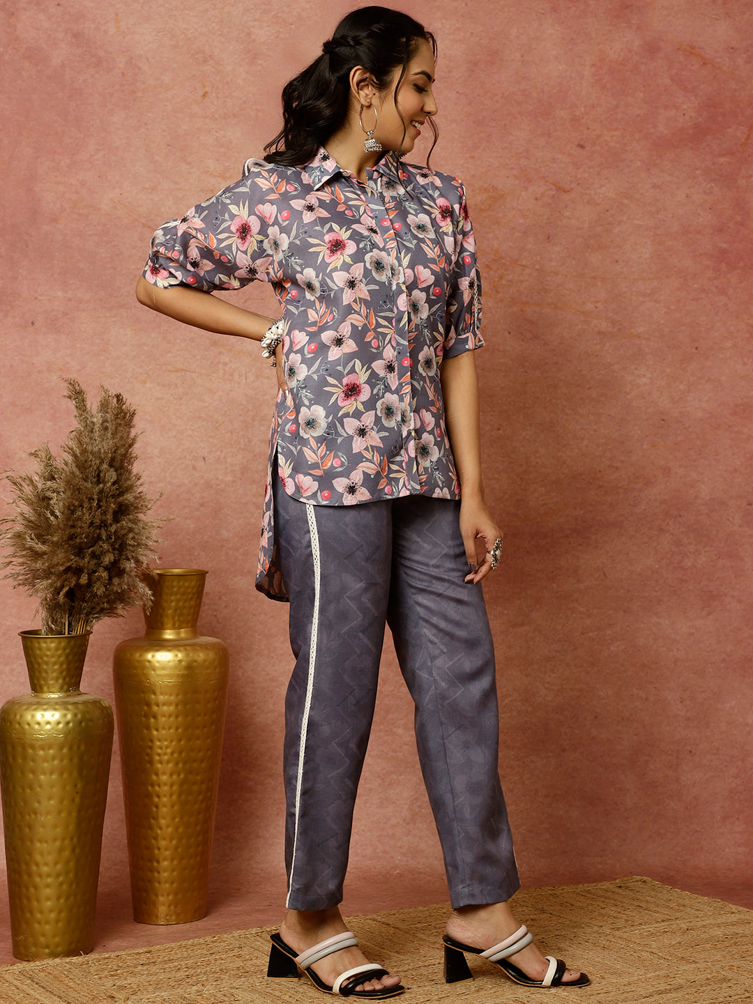 Lavender Floral Print Shirt With Pants Co-ord Sets