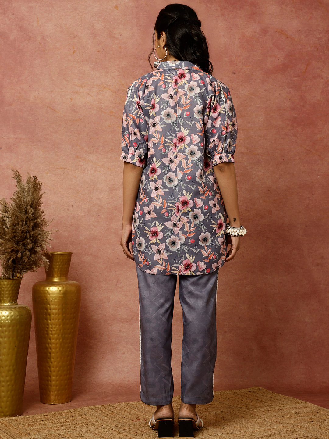 Lavender Floral Print Shirt With Pants Co-ord Sets