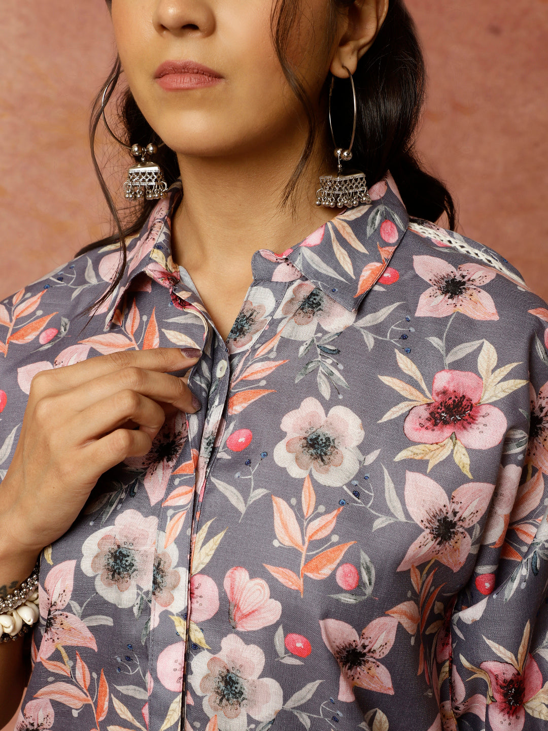 Lavender Floral Print Shirt With Pants Co-ord Sets