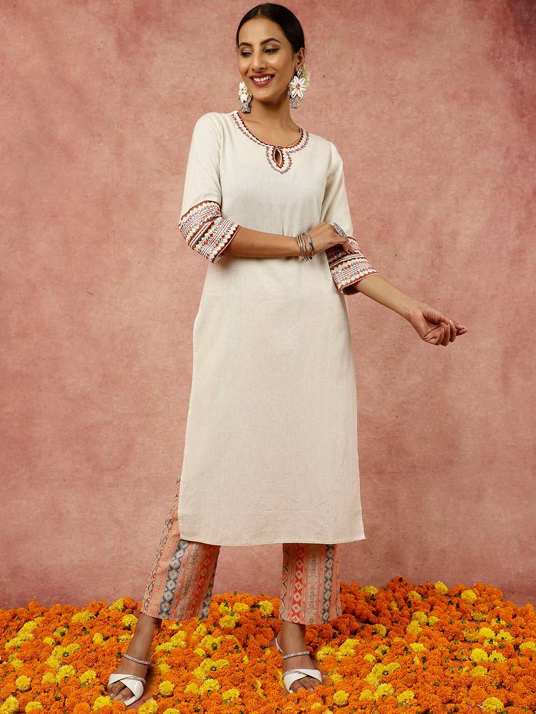 Mirror Embroidered Beige Straight Kurta With Geometric Printed Pants