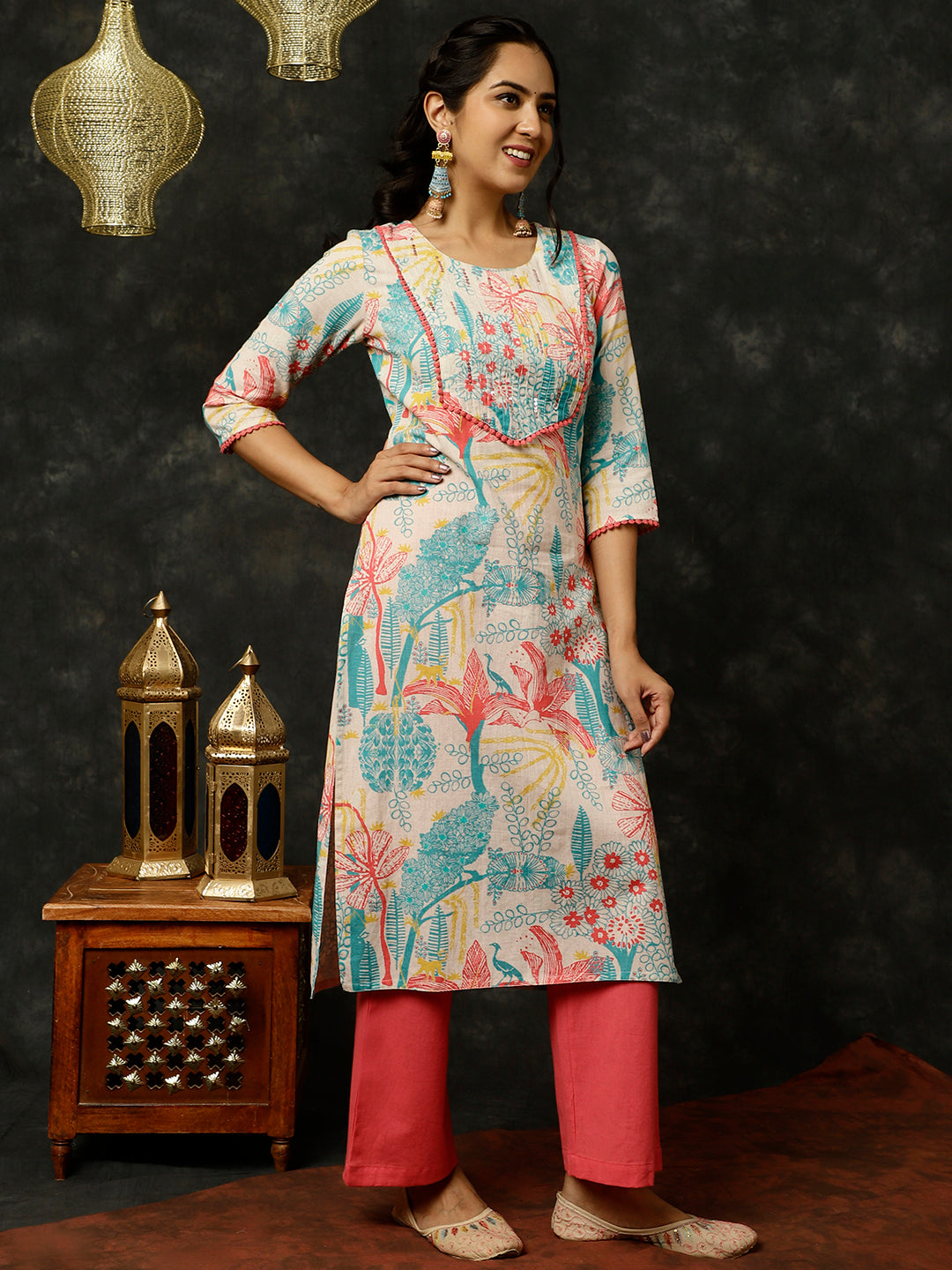 Coral Kantha Work Printed Straight Kurta With Palazzo