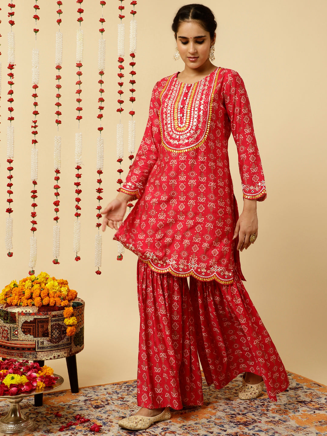 Pink Bandhani Mirror Work Kurta With Sharara And Dupatta