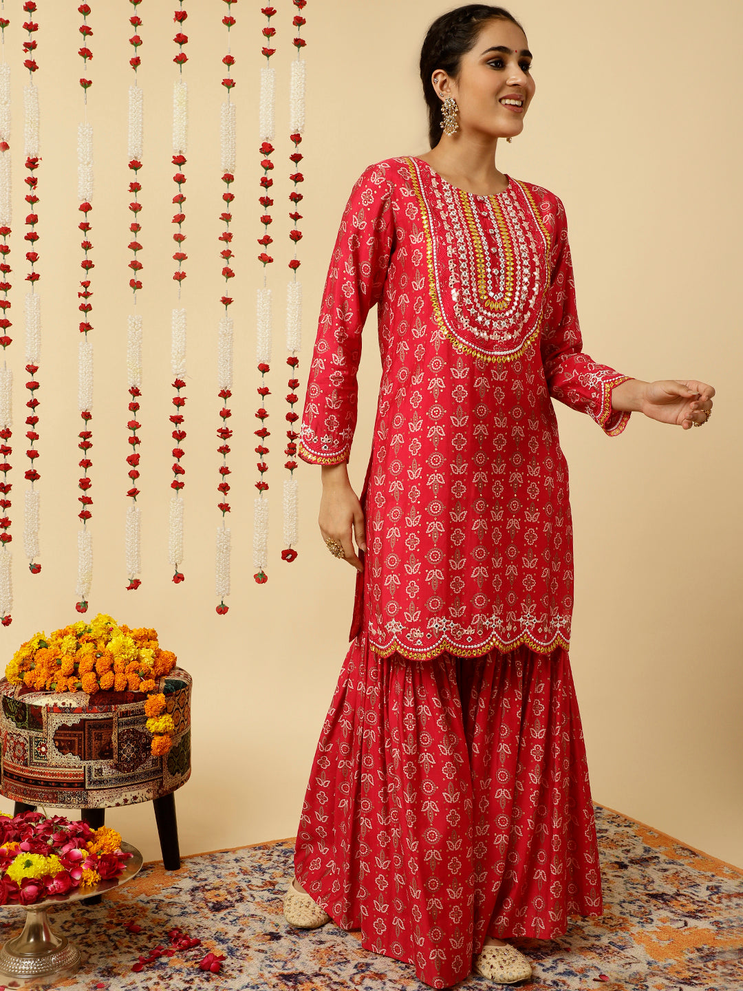 Pink Bandhani Mirror Work Kurta With Sharara And Dupatta
