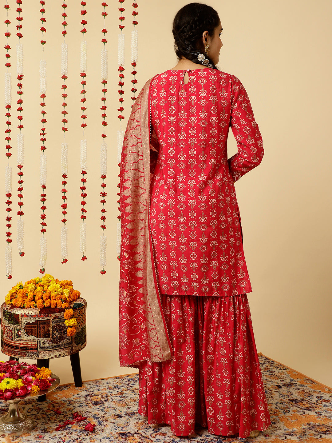 Pink Bandhani Mirror Work Kurta With Sharara And Dupatta