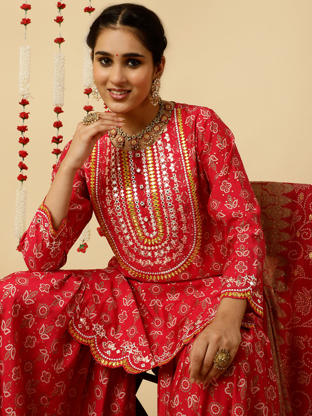 Pink Bandhani Mirror Work Kurta With Sharara And Dupatta