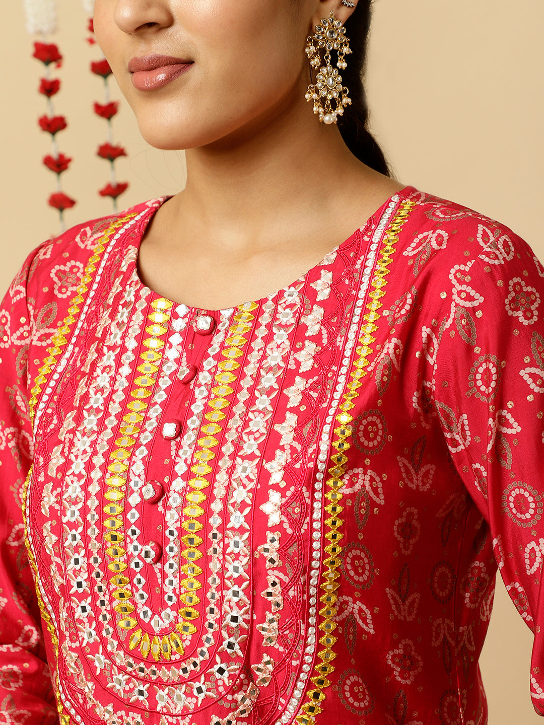 Pink Bandhani Mirror Work Kurta With Sharara And Dupatta