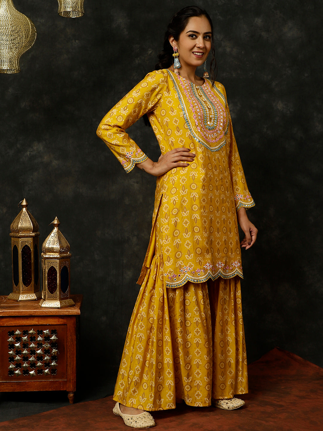 Mustard Bandhani Mirror Work Kurta With Sharara And Dupatta