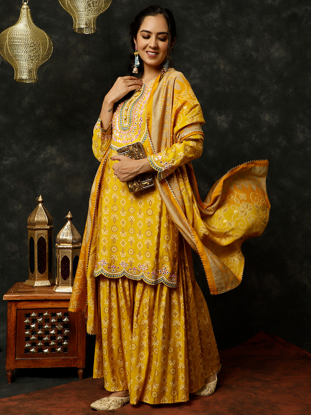 Mustard Bandhani Mirror Work Kurta With Sharara And Dupatta
