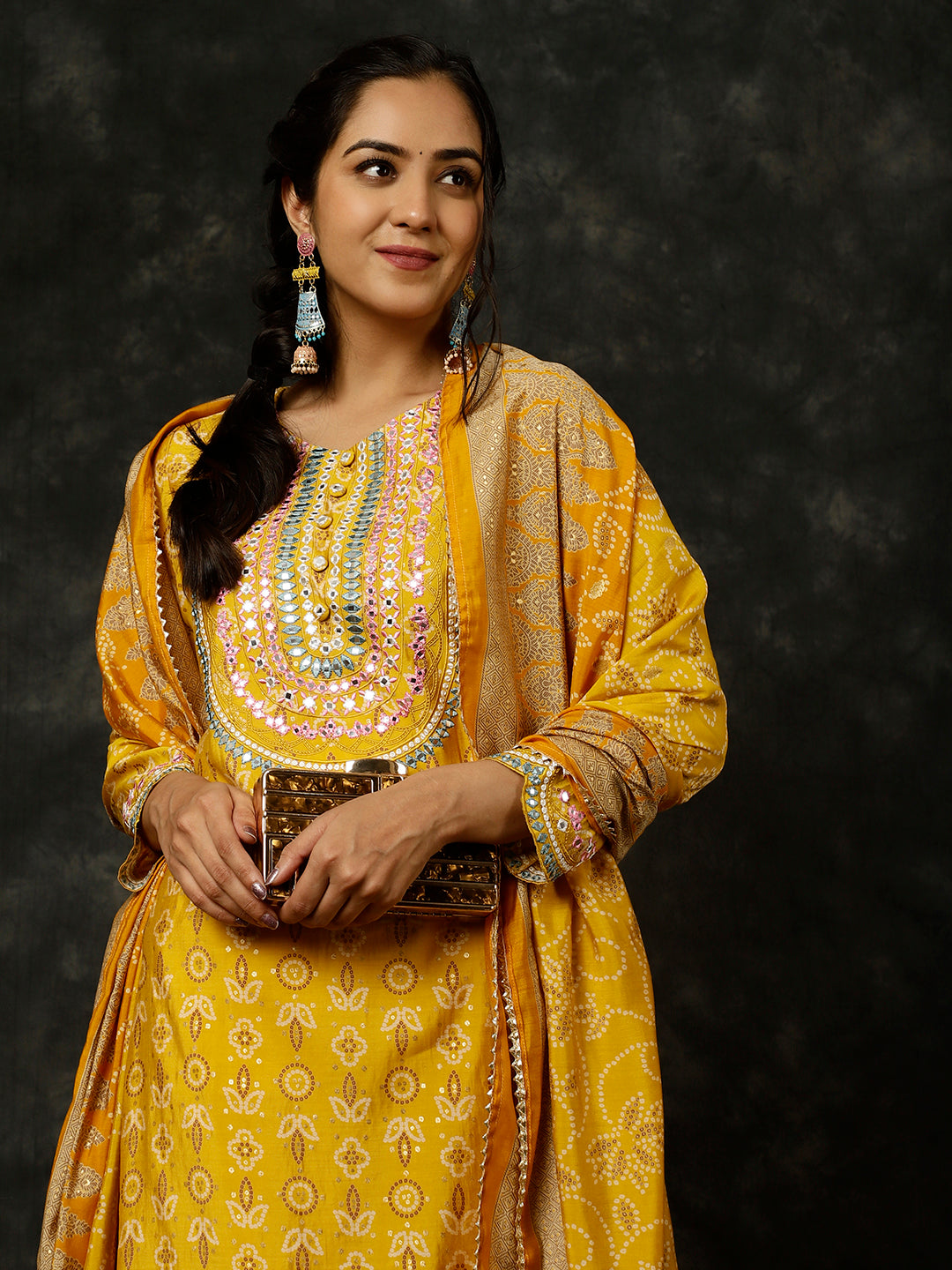 Mustard Bandhani Mirror Work Kurta With Sharara And Dupatta