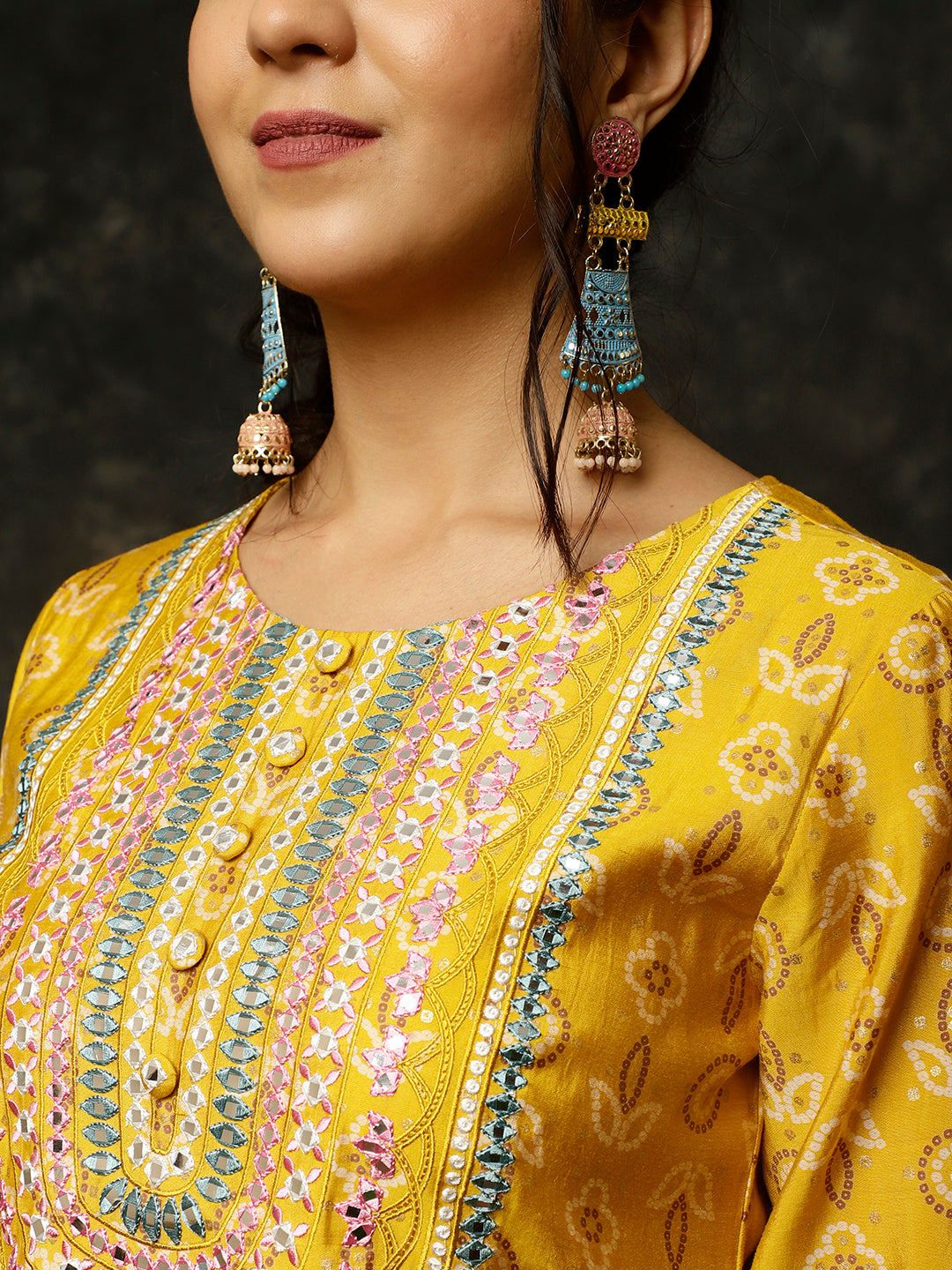 Mustard Bandhani Mirror Work Kurta With Sharara And Dupatta