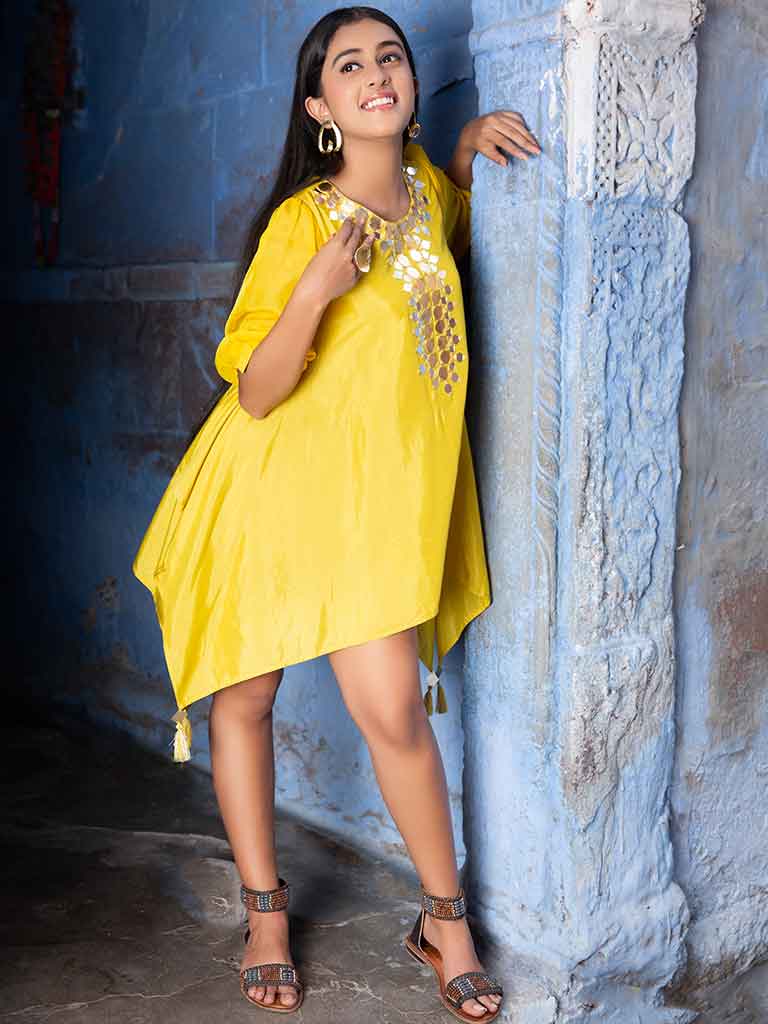 Yellow Hankerchief Top With Mirror Work