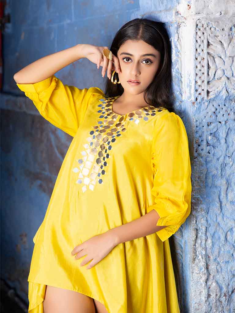 Yellow Hankerchief Top With Mirror Work