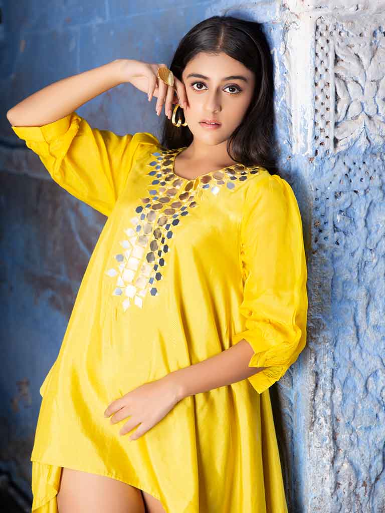 Yellow Hankerchief Top With Mirror Work